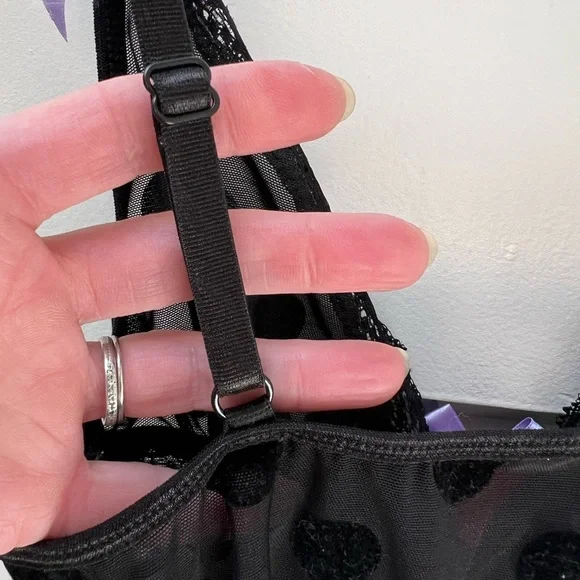 7 til Midnight black on black polka dot and purple cami and panty set. Size S/M - Picture 8 of 11